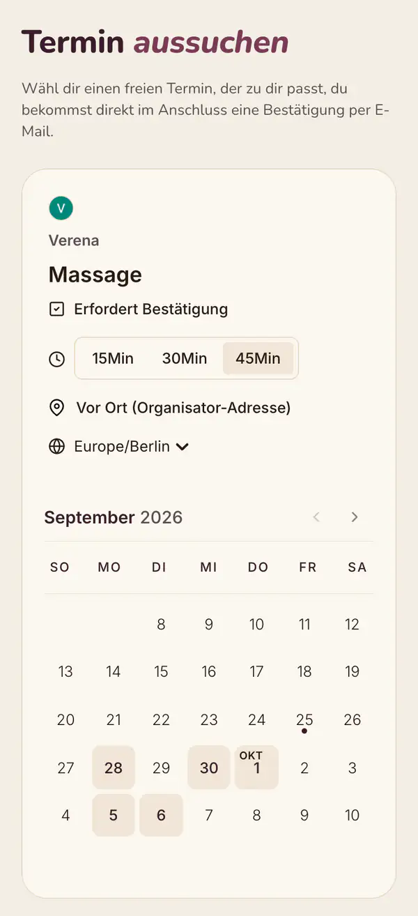 Verenas Buchungskalender für eine Massage im September 2026, freie Tage sind hervorgehoben.