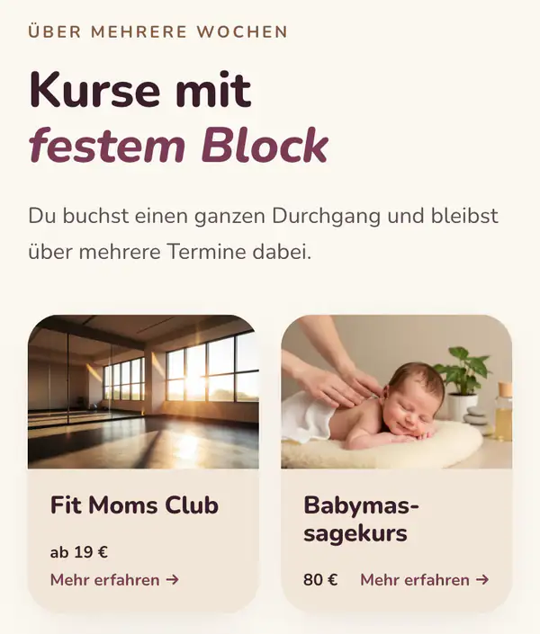 Ausschnitt von Verenas Kursseite: „Kurse mit festem Block“ mit zwei Kurskarten.