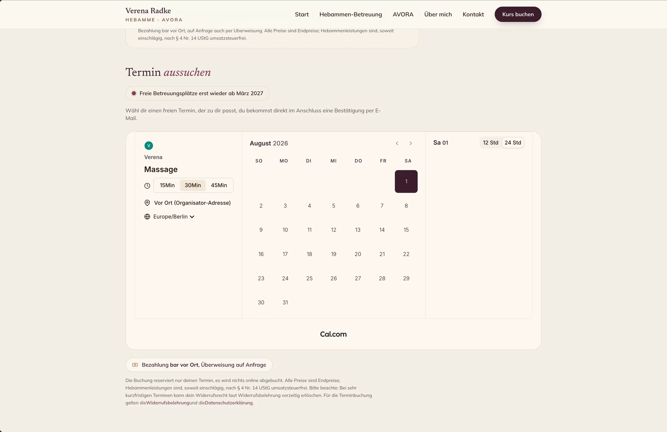 Terminauswahl mit Kalender: freie Termine für die Massage direkt auf der Website buchbar